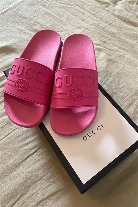 hot pink gucci flip flops|Gucci slides women pink.